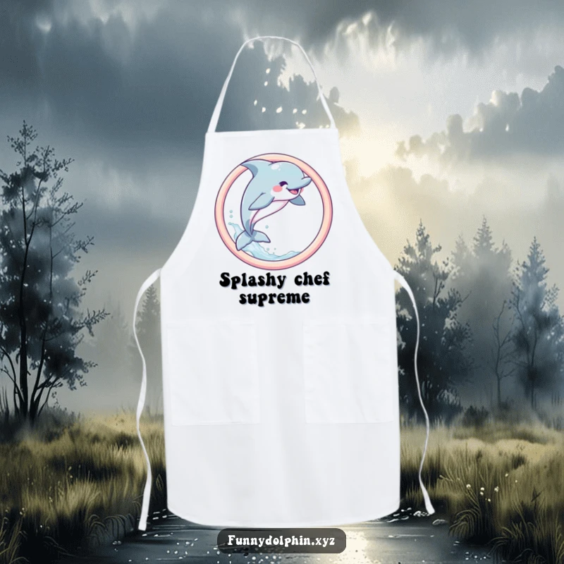 Funny Dolphin Apron featuring a joyful dolphin leaping through a pastel hoop with a spray of water, ideal for kitchen fun.