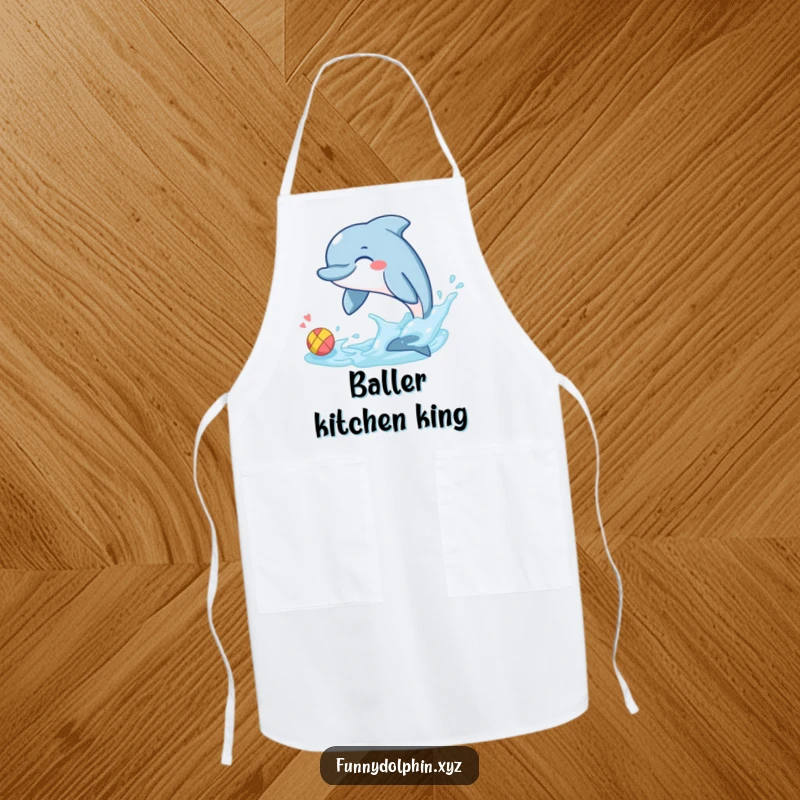 Funny apron showing a giggling dolphin playfully splashing a tiny, colorful ball with its tail fin while cooking.