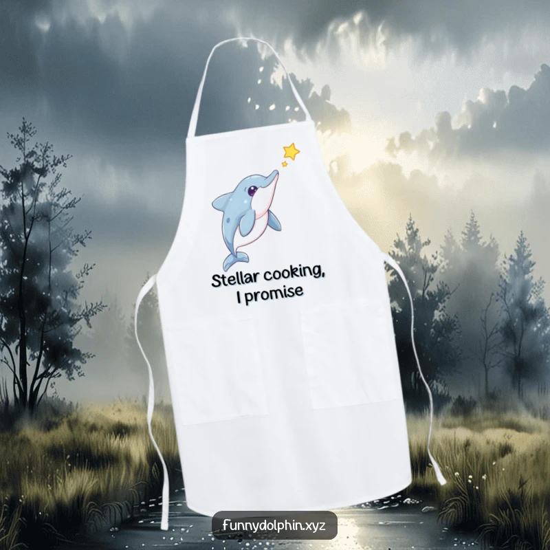 Funny Dolphin Apron: A humorous apron showing a curious dolphin observing a floating star, ideal for cooking enthusiasts.
