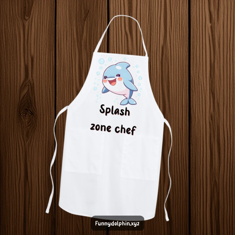Funny apron showcasing a round, happy dolphin cooking up a storm amidst a bubbly cascade, perfect for the fun-loving chef.