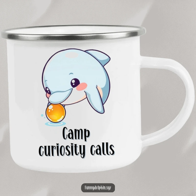Funny camping mug featuring a curious dolphin with wide, excited eyes inspecting a shiny object. Ready for adventure!