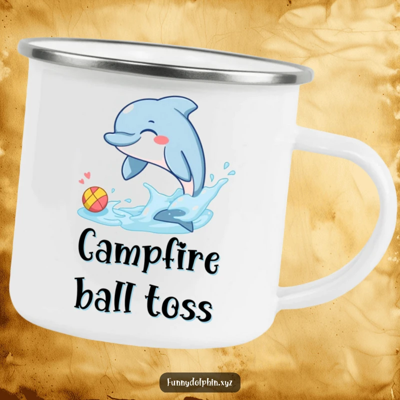 Funny camping mug featuring a giggling dolphin splashing a tiny, colorful ball with its tail fin. Perfect for brews by the fire.