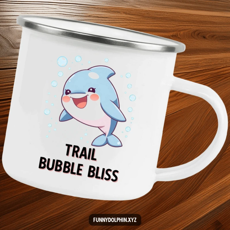 Funny camping mug featuring a smiling, round dolphin leaping through a cascade of sparkling bubbles, ready for adventure.