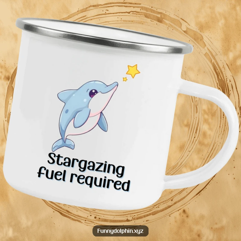 Funny Dolphin Camping Mug: A durable mug with a curious dolphin looking at a floating star, perfect for outdoor enthusiasts.