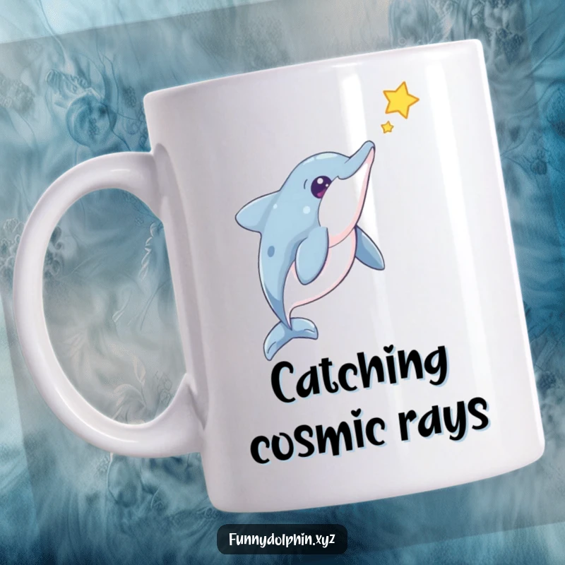 Funny Dolphin Mug: A curious dolphin tilts its head, gazing in awe at a tiny star floating nearby in a whimsical illustration.