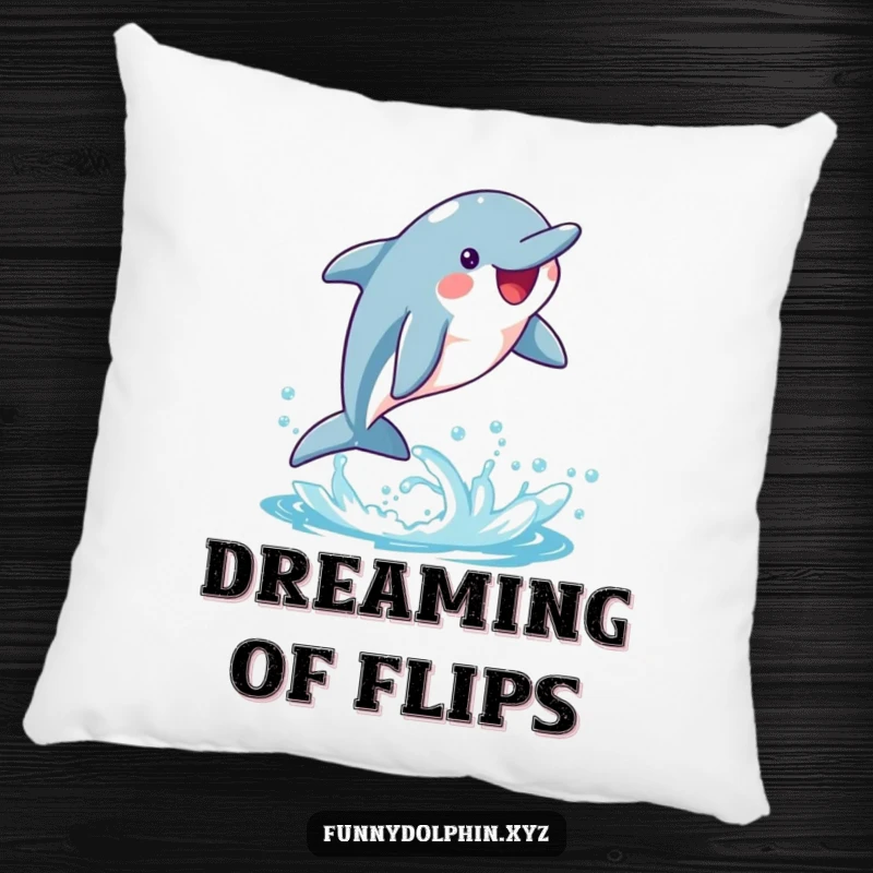 Funny pillow featuring a happy dolphin mid-whimsical flip, surrounded by bright water splashes. Perfect for active dreamers!