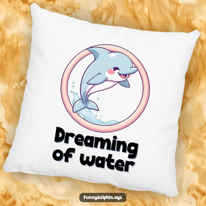 Funny Dolphin Pillow showcasing a joyful dolphin leaping through a pastel hoop with a water spray, offering soft comfort and ocean humor.
