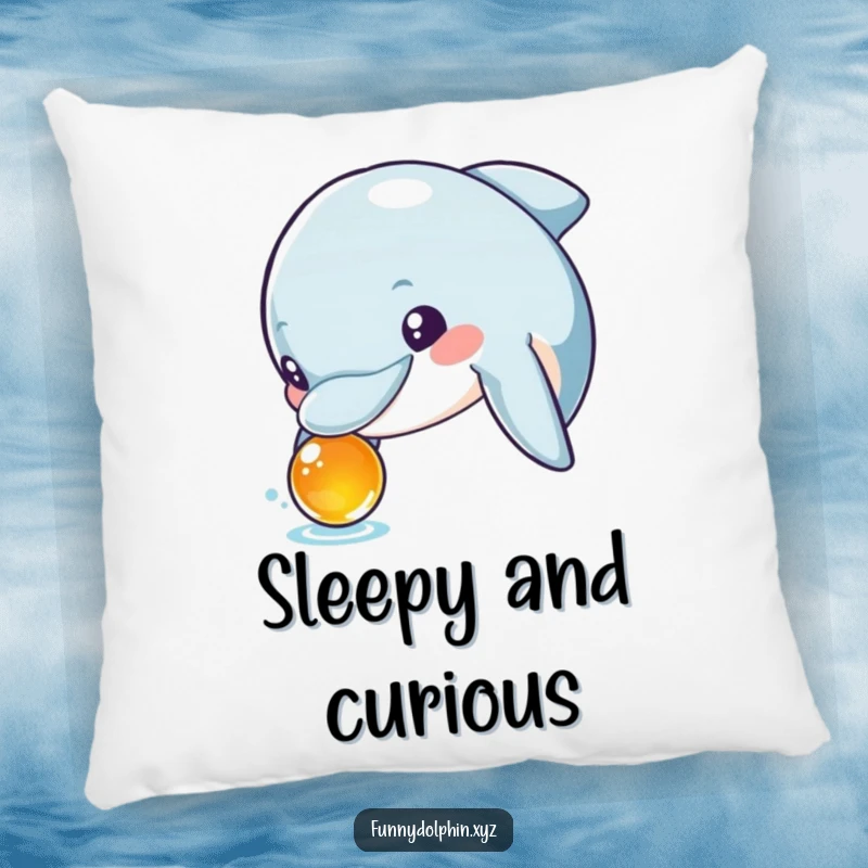 Funny pillow featuring a curious dolphin with wide, excited eyes inspecting a shiny object. Perfect for cozy contemplation.
