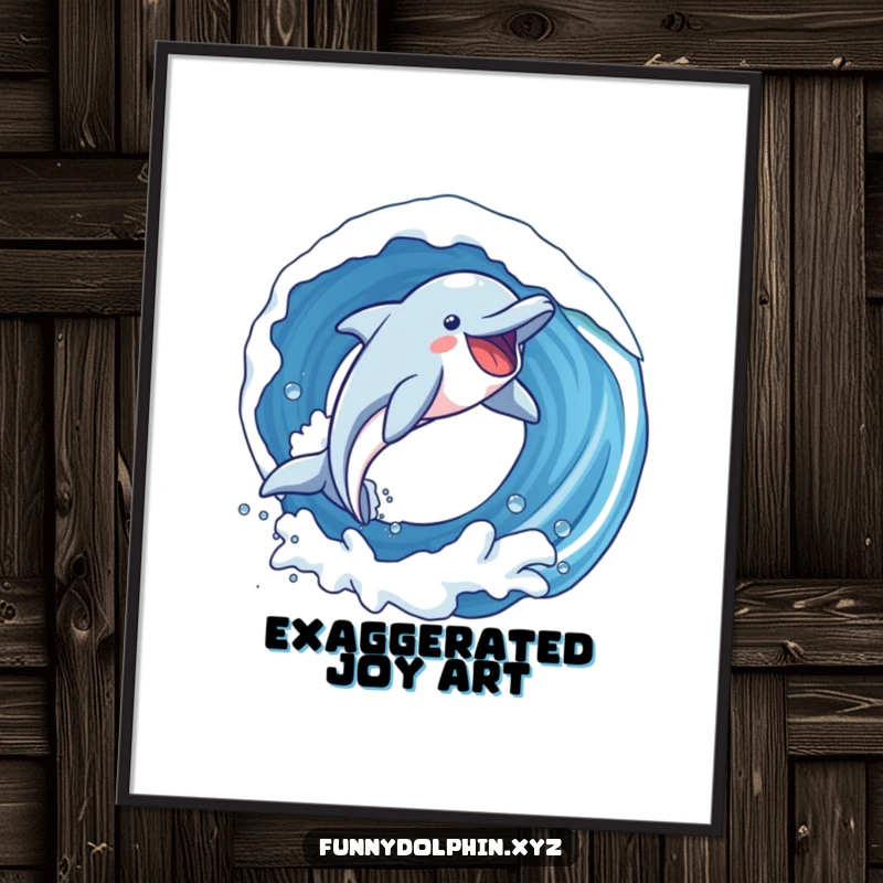 Funny digital art print of a dolphin with exaggerated joy soaring through an epic loop in a wave. Pure exhilaration!