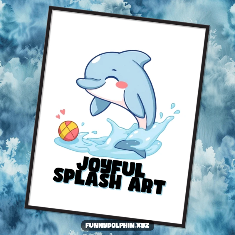 Funny digital art print of a giggling dolphin playfully splashing a tiny, colorful ball with its tail fin. Pure joy!