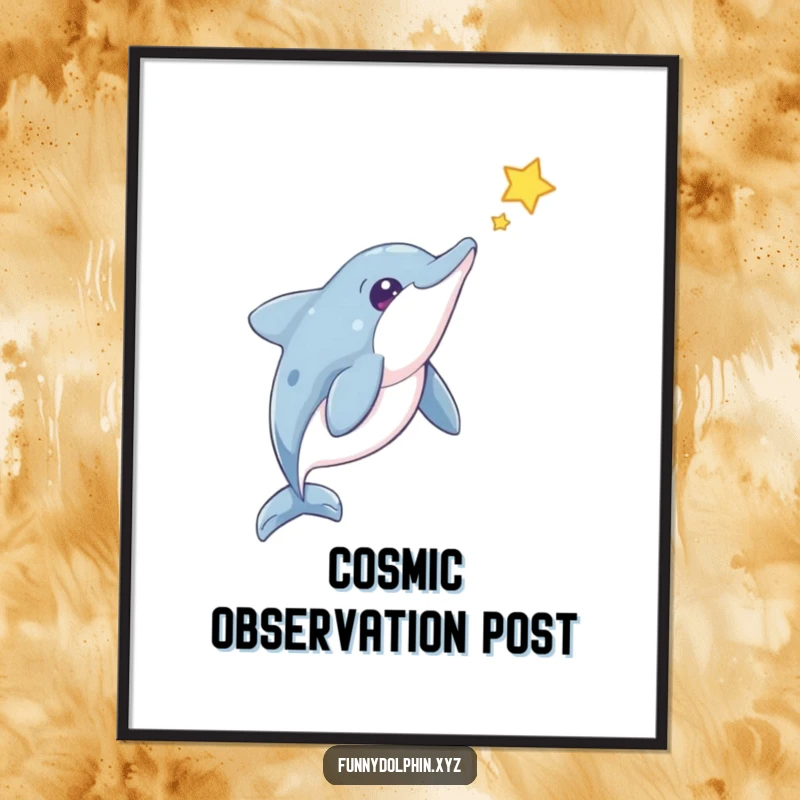 Funny Dolphin Digital Art: Whimsical illustration of a curious dolphin observing a floating star, for instant humorous decor.