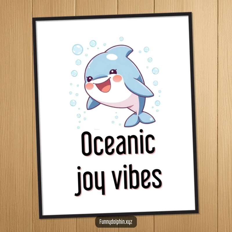 Funny digital art print of a round, smiling dolphin joyfully leaping through an enchanting cascade of sparkling bubbles.