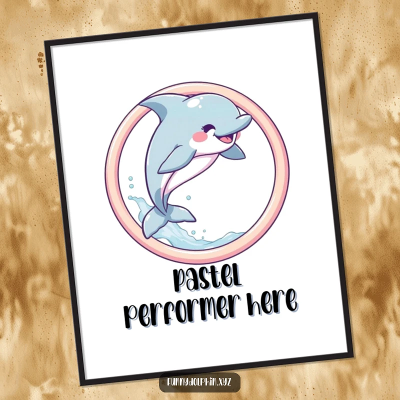 Funny Dolphin Digital Art Print of a joyful dolphin leaping through a pastel hoop with a refreshing spray of water, capturing whimsy.