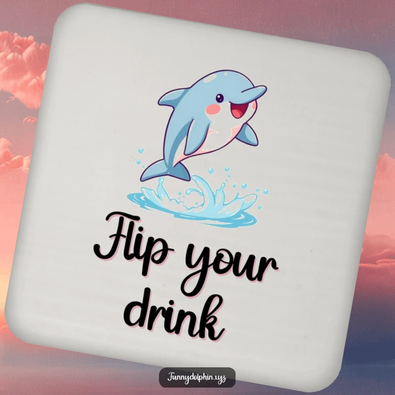 Funny drink coaster showing a happy dolphin attempting a whimsical flip, creating a trail of bright water splashes. Protects surfaces with flair.