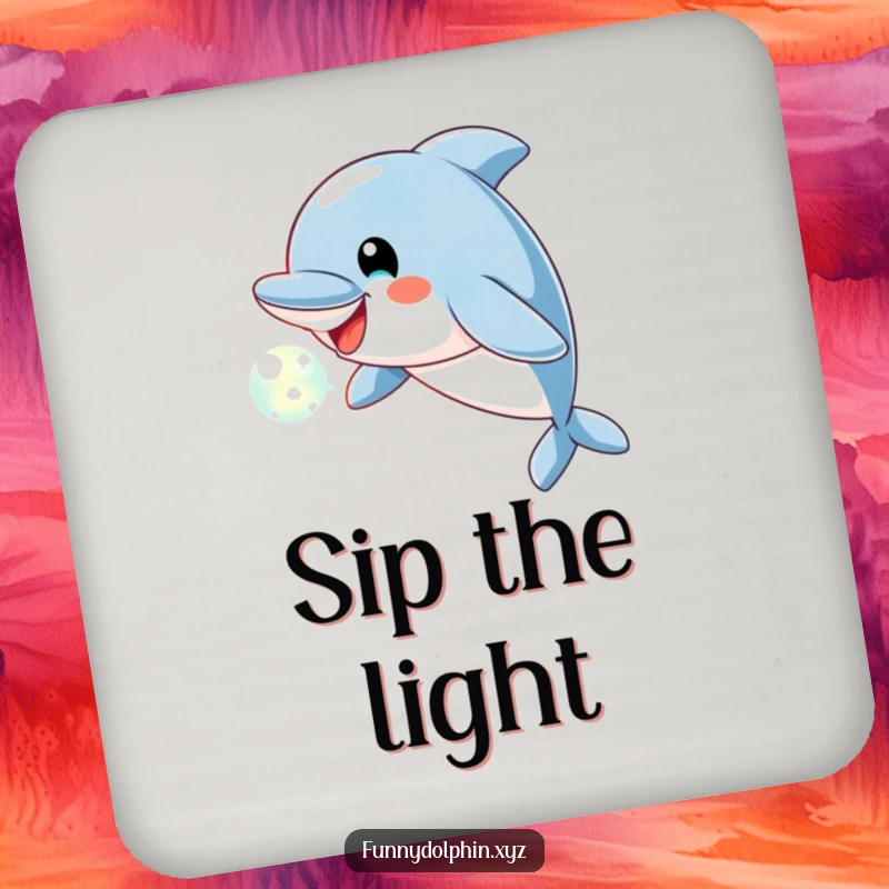 Funny Dolphin Coaster featuring a cheerful dolphin blowing a luminous bubble of light, offering playful humor and surface protection.