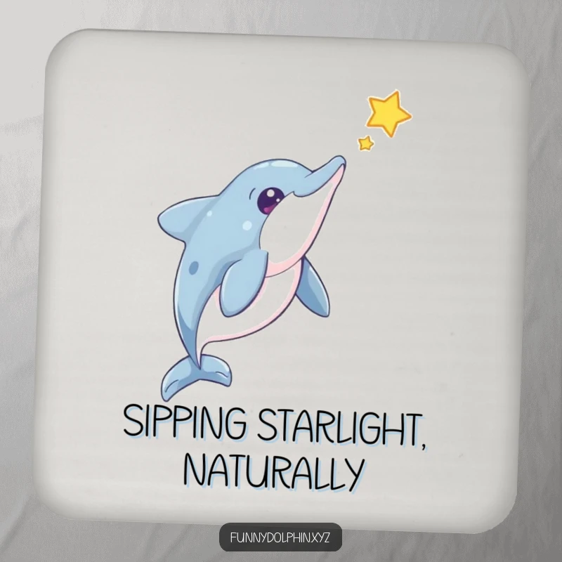 Funny Dolphin Coaster: A protective coaster featuring a curious dolphin observing a floating star, adding humor to tabletops.
