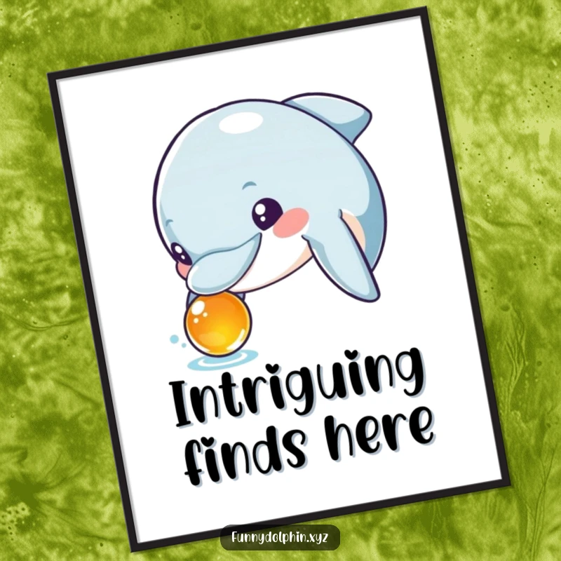 Funny poster featuring a curious dolphin with wide, excited eyes inspecting a shiny, foreign object. Captures the thrill of discovery.