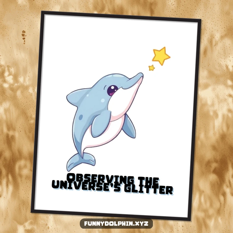 Funny Dolphin Poster: A curious dolphin tilts its head, observing a floating star, adding whimsical humor to any room.
