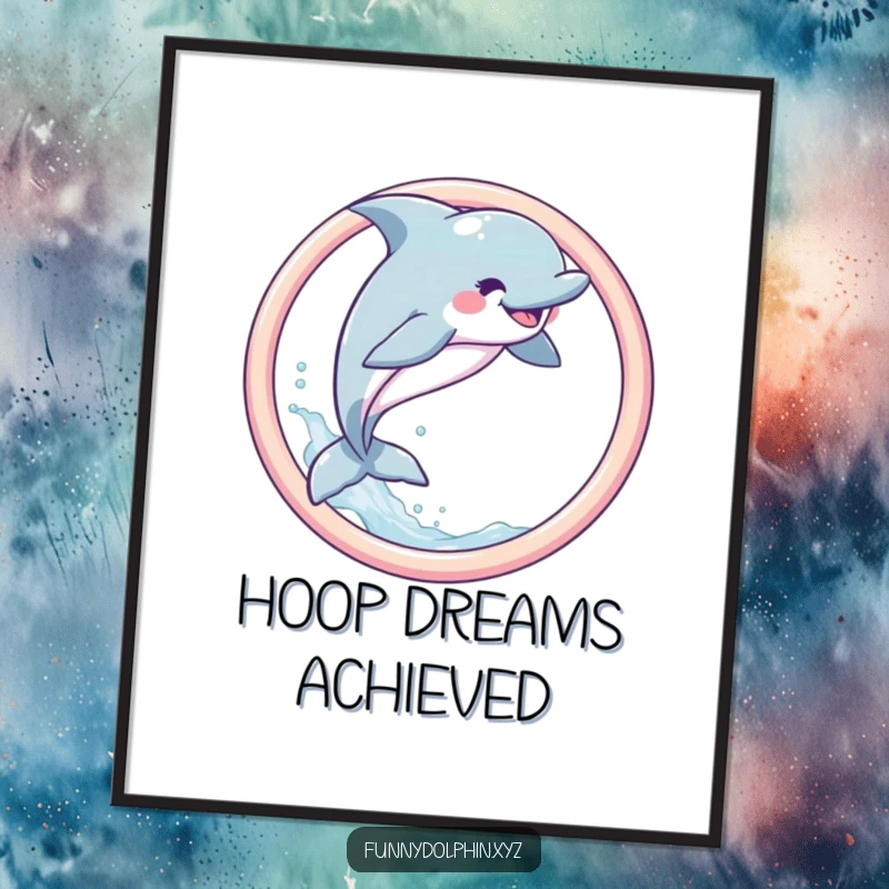 Funny Dolphin Poster capturing a joyful dolphin leaping through a pastel hoop, surrounded by a dynamic spray of water, adding whimsy.