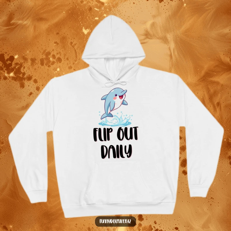 Funny hoodie depicting a happy dolphin performing a whimsical flip, with a trail of bright water splashes. Dynamic and fun!
