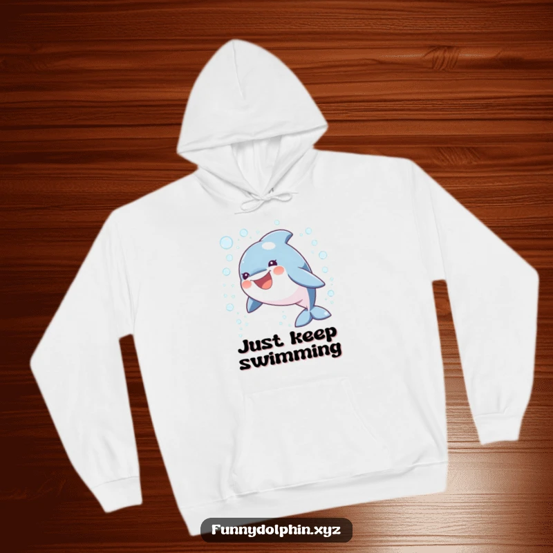 Funny hoodie depicting a round, smiling dolphin heroically leaping through a stunning cascade of sparkling bubbles, a joyful sight.