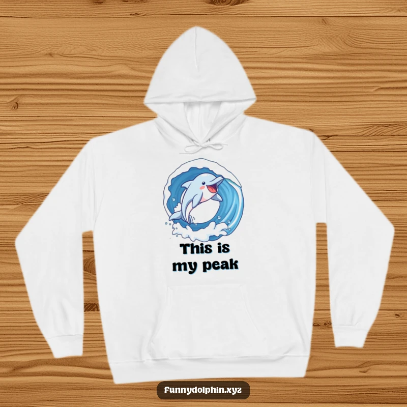 Funny hoodie depicting a dolphin with exaggerated joy soaring through a thrilling loop in a wave. Captures the essence of freedom!