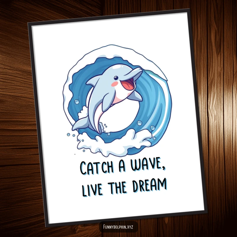 Funny Free Printable Wall Art: A dolphin filled with exaggerated joy soars effortlessly through a loop in a wave.