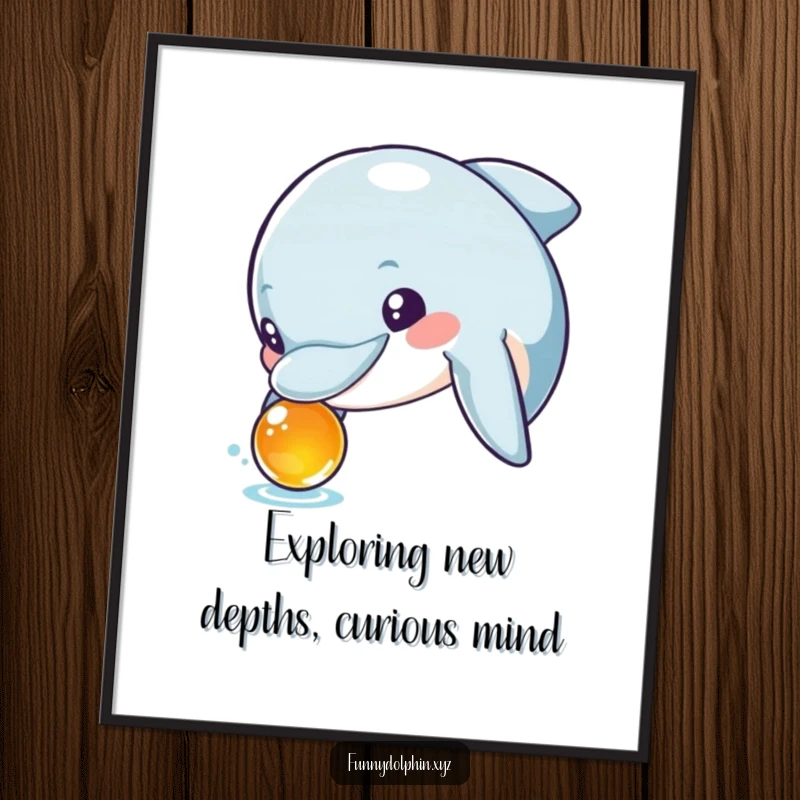 Funny Free Printable Wall Art: A wide-eyed dolphin with excited eyes curiously inspects a shiny, unknown object.