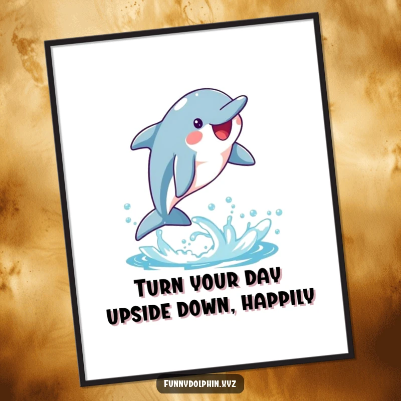 Funny Free Printable Wall Art: A happy dolphin executes a whimsical flip, leaving a trail of vibrant water splashes.
