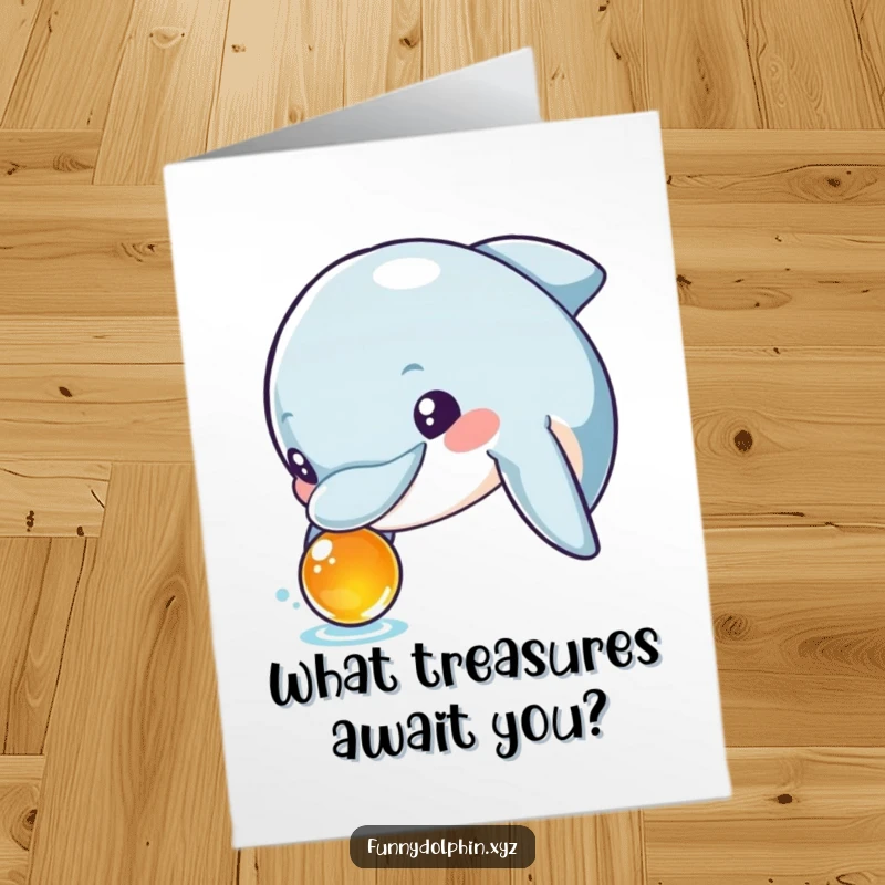 Funny Free Printable Birthday Card: A curious dolphin with wide, excited eyes inspects a mysterious shiny object.