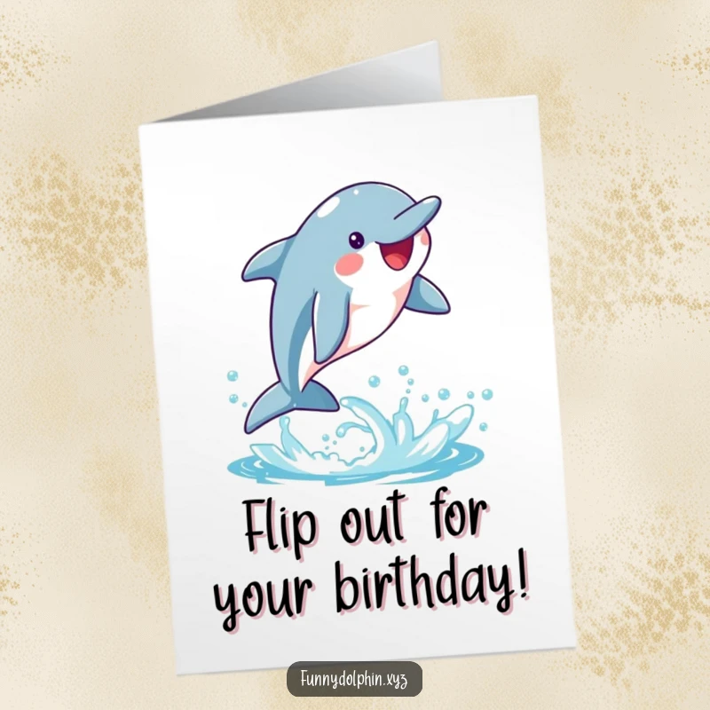 Funny Free Printable Birthday Card: A happy dolphin performs a whimsical flip, leaving bright water splashes.