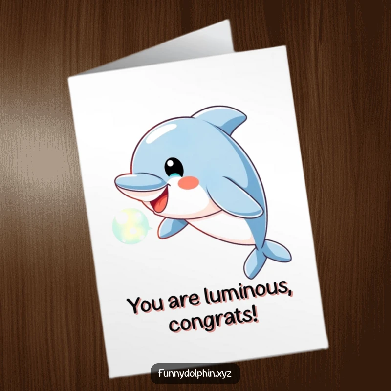 Free Printable Congratulations Card: A cheerful dolphin blows a luminous bubble of light, symbolizing bright success.