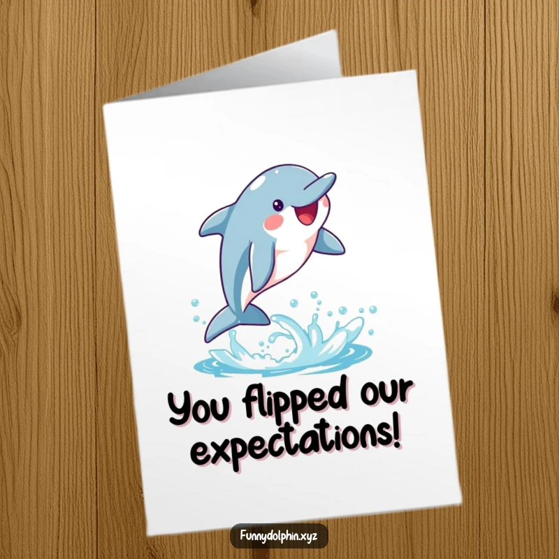 Funny Free Printable Congratulations Card: A dolphin joyfully flips, creating a trail of bright water splashes.