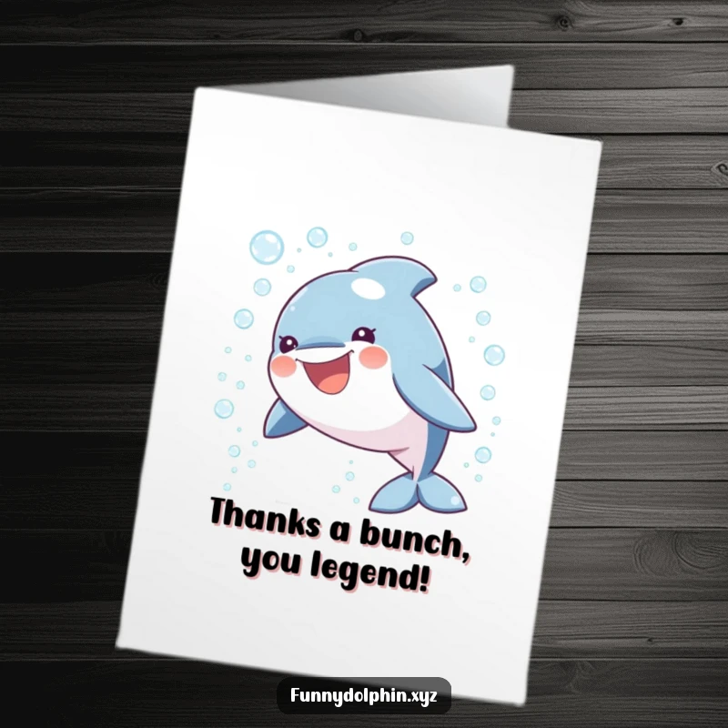 Funny Free Printable Thank You Card: A beaming dolphin with a wide smile offers heartfelt thanks.