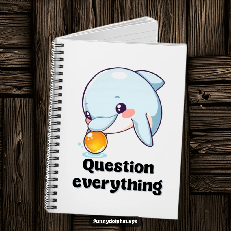 Funny notebook cover with a curious dolphin, wide-eyed and excited, inspecting a shiny foreign object. Inspires investigation.