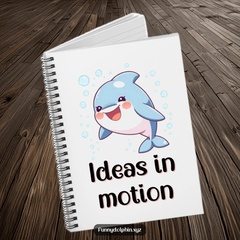 Funny notebook with a playful, round dolphin leaping through sparkling bubbles, inspiring creative thought and joyful writing.