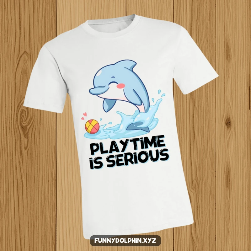 Funny T-shirt featuring a giggling dolphin's tail fin playfully splashing a small, colorful ball, capturing a moment of pure joy.