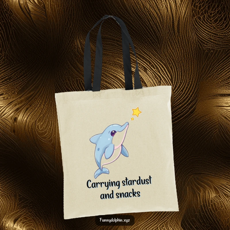 Funny Dolphin Tote Bag: A stylish tote featuring a curious dolphin observing a floating star, perfect for carrying your humor.
