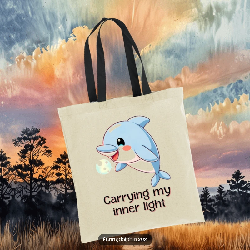 Funny Dolphin Tote Bag depicting a cheerful dolphin blowing a luminous bubble of light, a whimsical and humorous accessory.