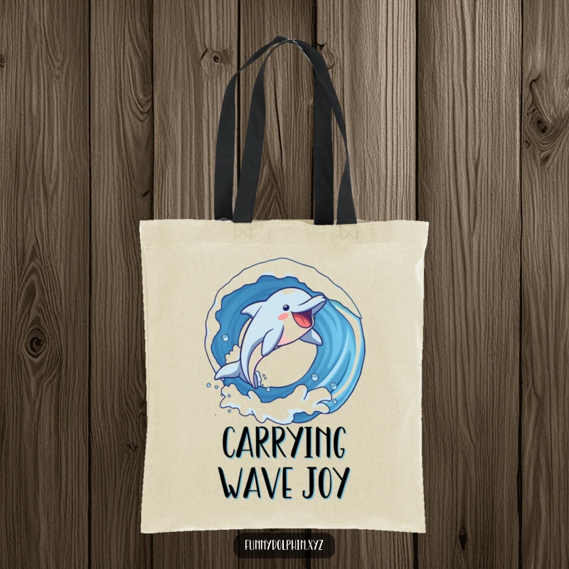Funny tote bag showing a dolphin with exaggerated joy soaring in a loop within a wave. Ideal for beach days!